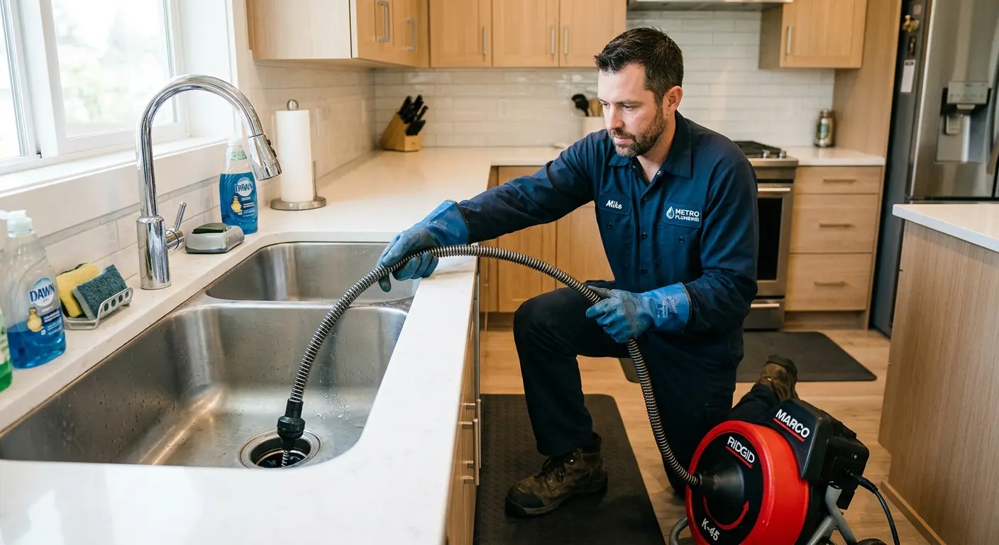 Drain cleaning technician using a motorized snake on a kitchen sink in West Modesto