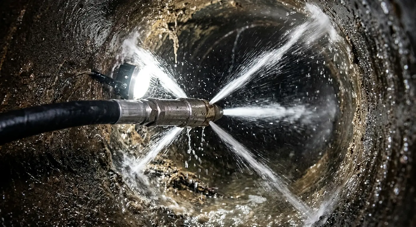 High-pressure hydro jetting nozzle cleaning sewer pipe for Sewer Line Relining in West Modesto