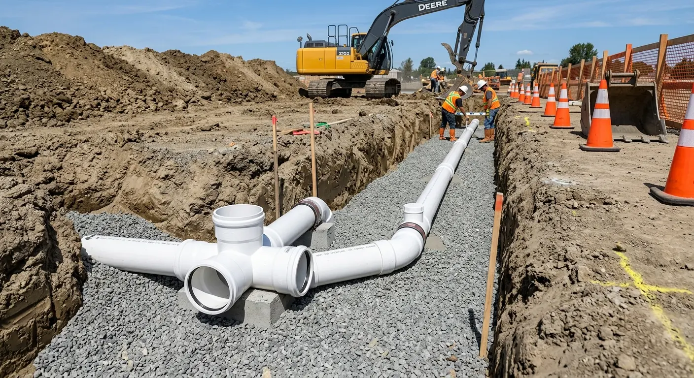 New PVC sewer pipe installation in open trench for Sewer Backup in West Modesto