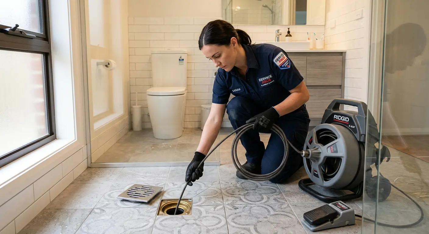 Technician clearing a bathroom floor drain for Drain Cleaning in West Modesto